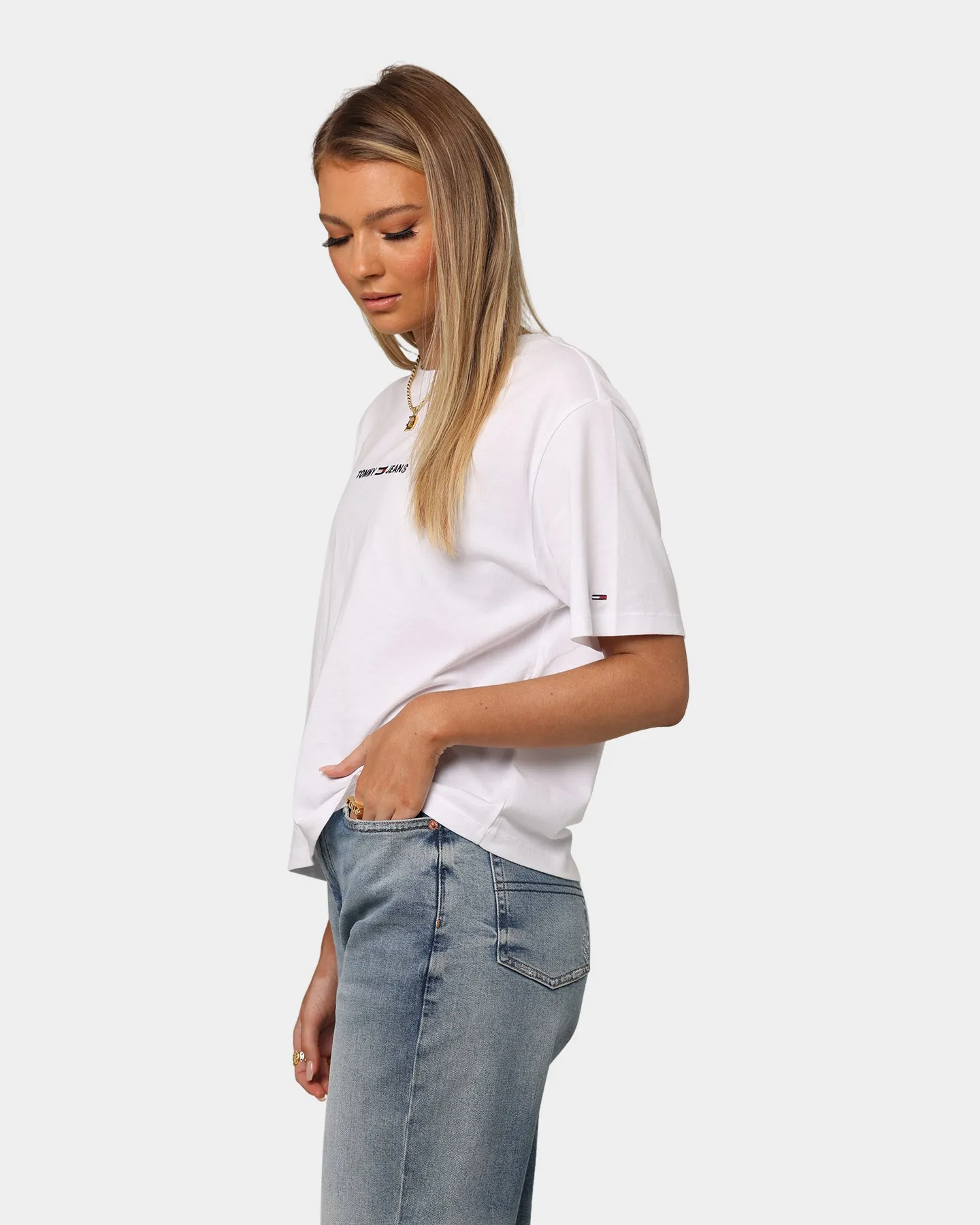 Tommy Jeans Women's Boxy Crop Linear Logo T-Shirt White