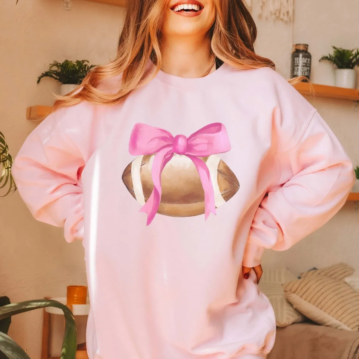 Watercolor Football With Bow Sweatshirt