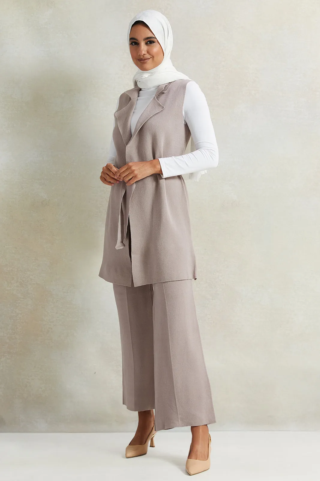 Women Beige Brown Wide Leg Knit Trouser