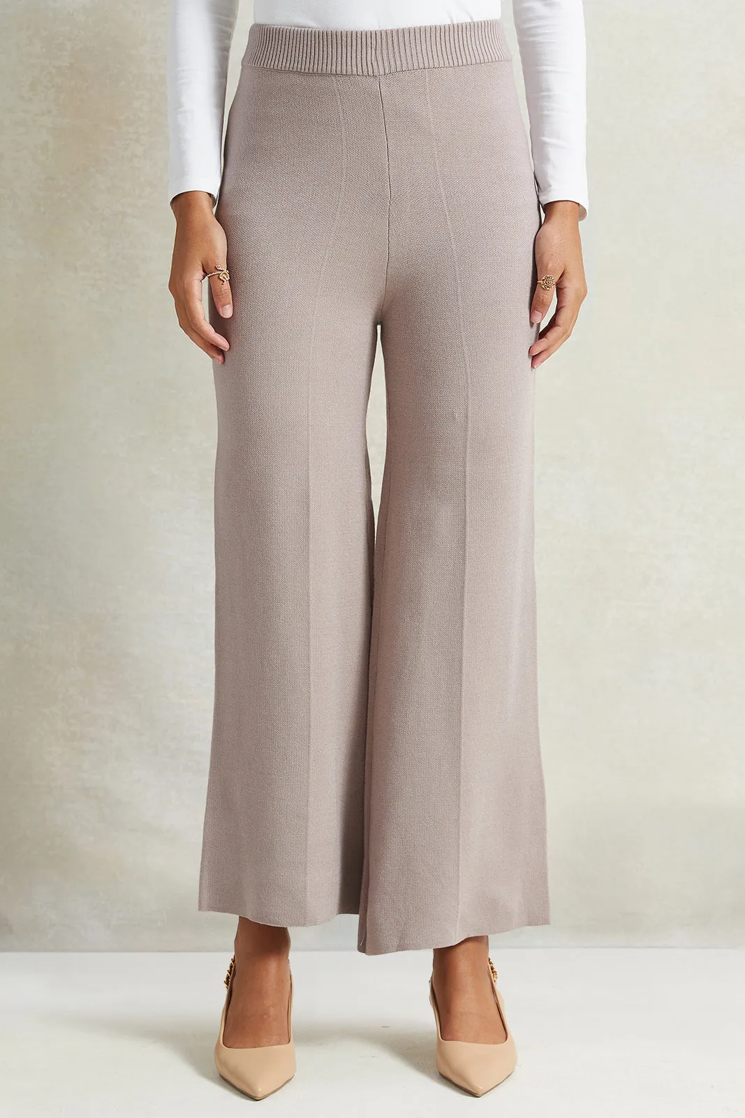 Women Beige Brown Wide Leg Knit Trouser