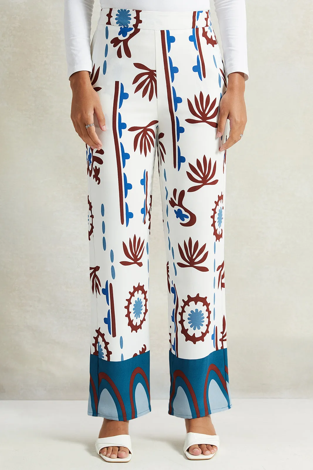 Women White Printed Wide Leg Trousers