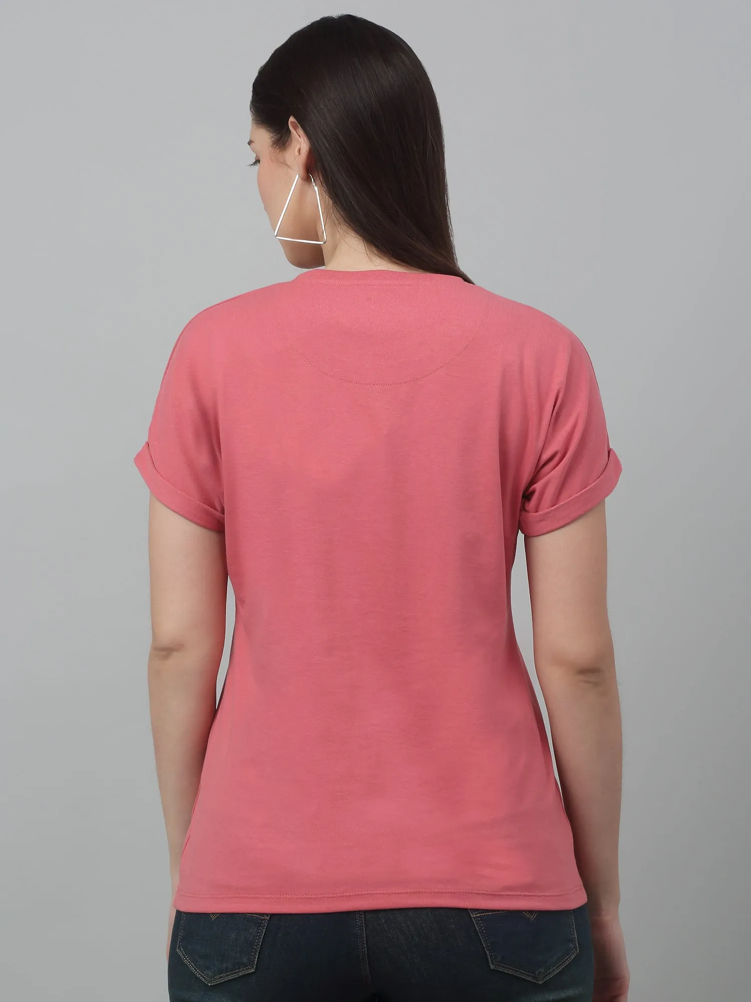 Women's Casual Extended Sleeve Dark Pink Round neck Typographic Print T-Shirt