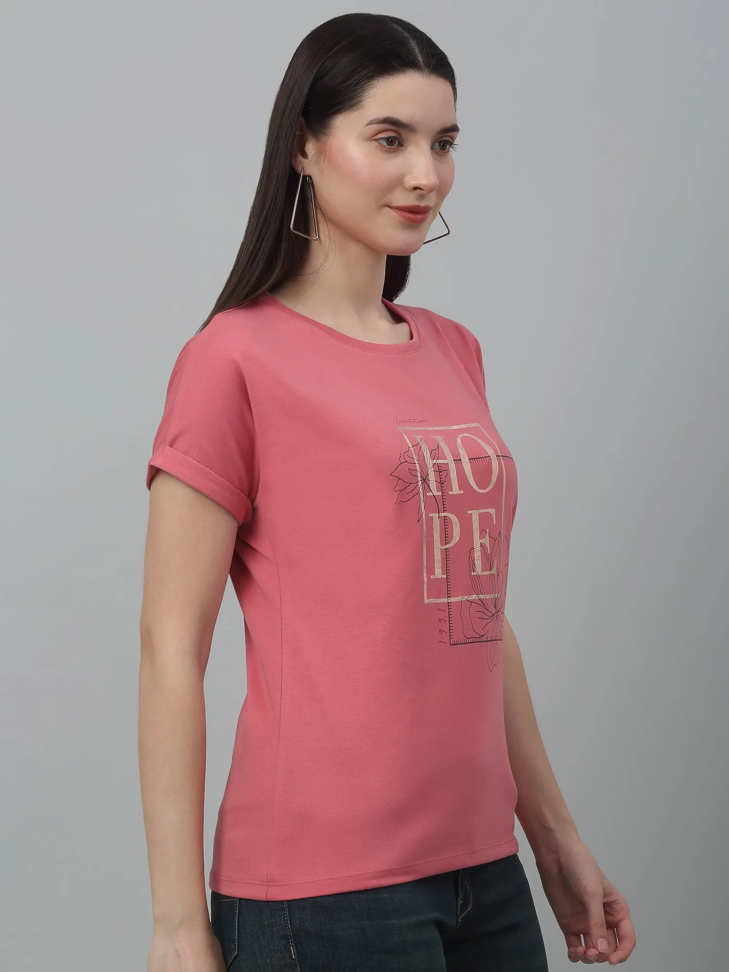 Women's Casual Extended Sleeve Dark Pink Round neck Typographic Print T-Shirt