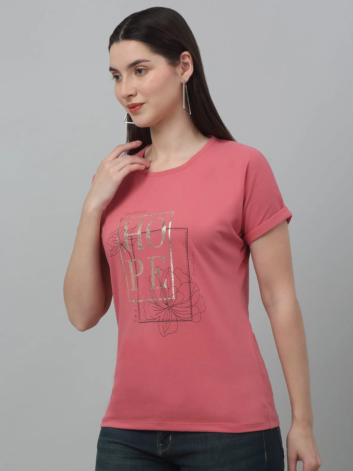 Women's Casual Extended Sleeve Dark Pink Round neck Typographic Print T-Shirt