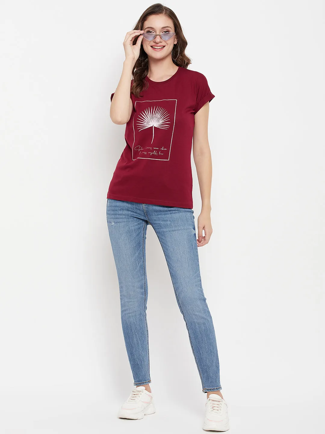 Women's Casual Extended Sleeve Maroon Round neck Graphic print T-Shirt