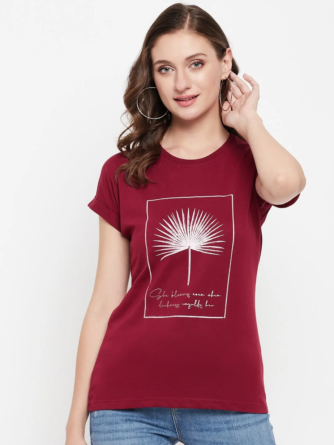 Women's Casual Extended Sleeve Maroon Round neck Graphic print T-Shirt