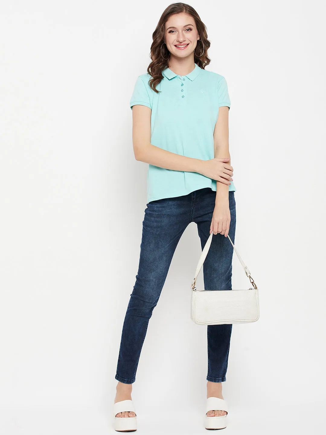 Women's Casual Regular Short Sleeve Aqua Polo neck  T-Shirt