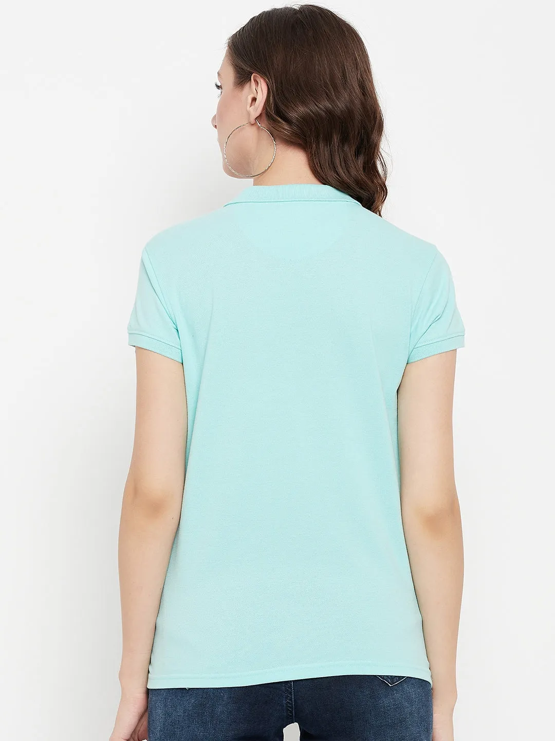 Women's Casual Regular Short Sleeve Aqua Polo neck  T-Shirt