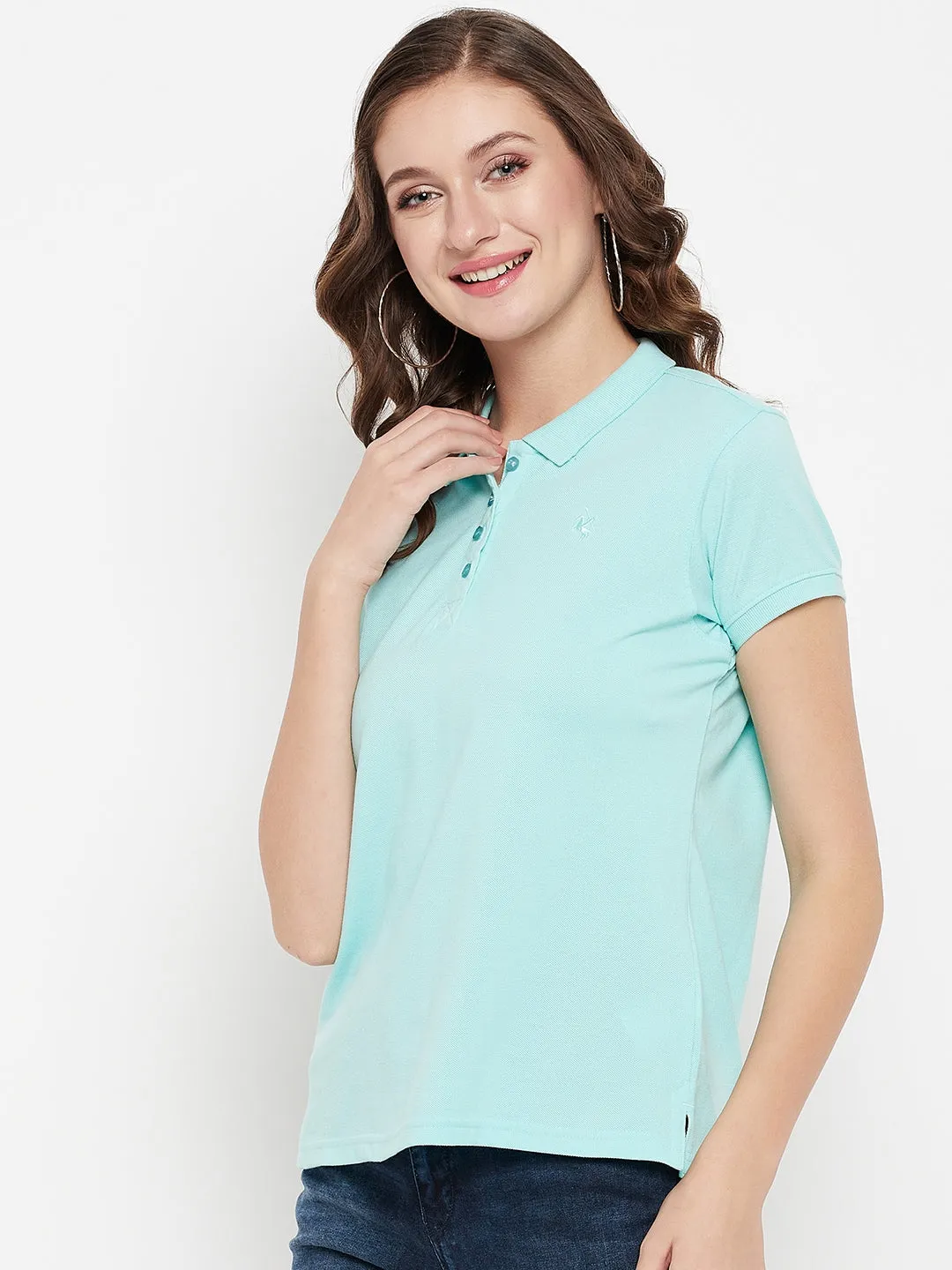 Women's Casual Regular Short Sleeve Aqua Polo neck  T-Shirt