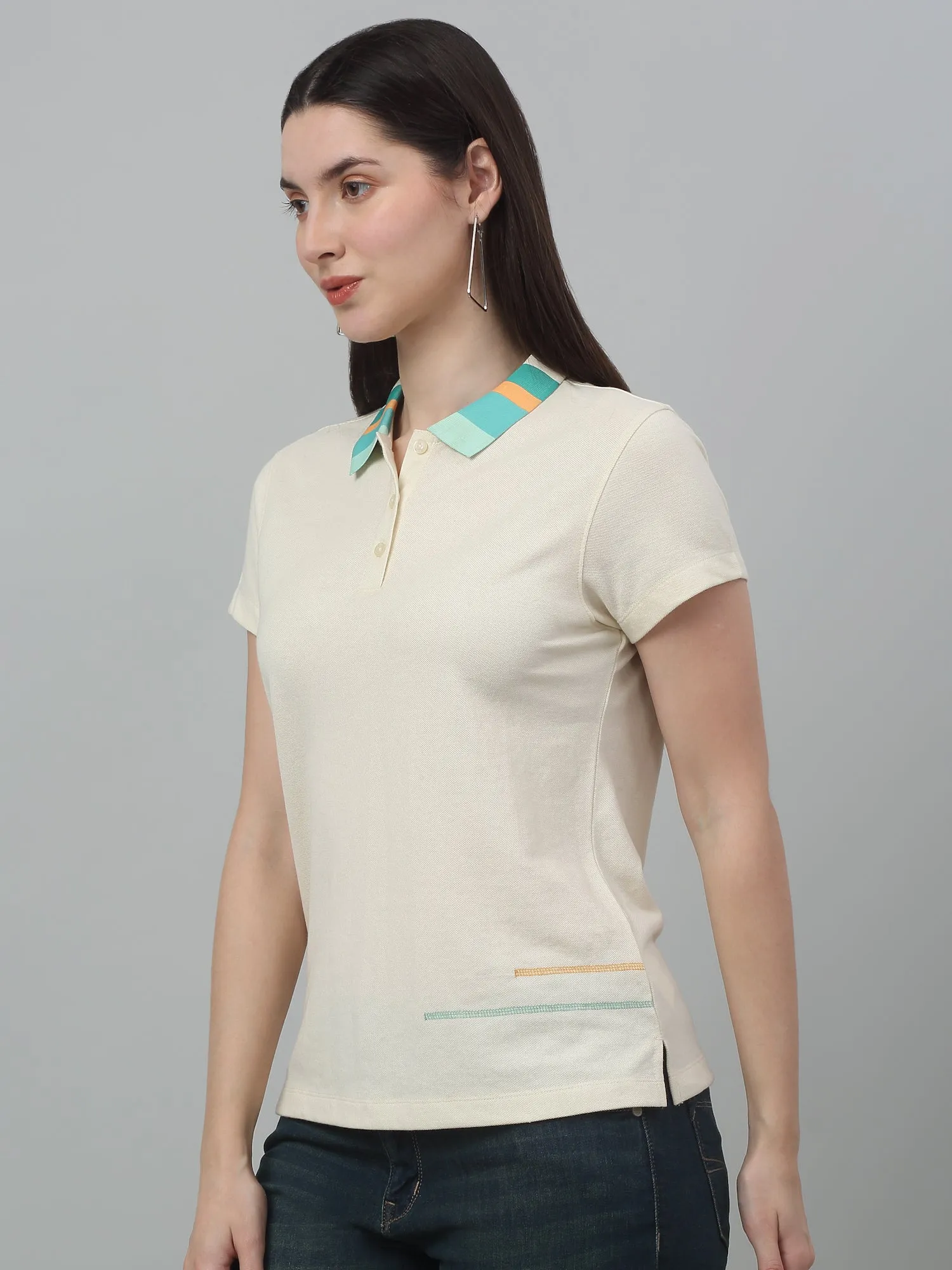 Women's Casual Regular Short Sleeve Beige Polo neck Contrast stitch detail on the sides T-Shirt