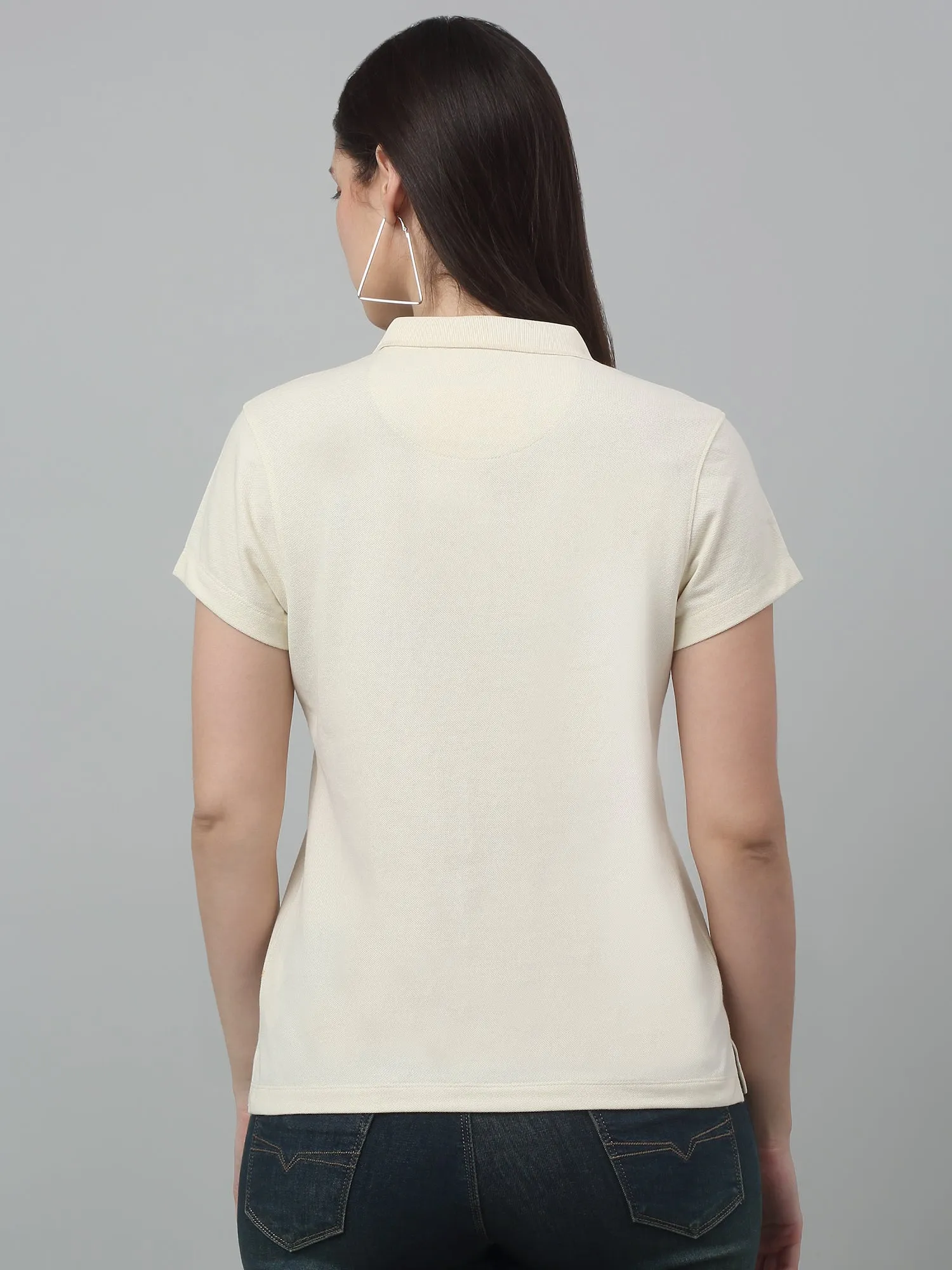 Women's Casual Regular Short Sleeve Beige Polo neck Contrast stitch detail on the sides T-Shirt