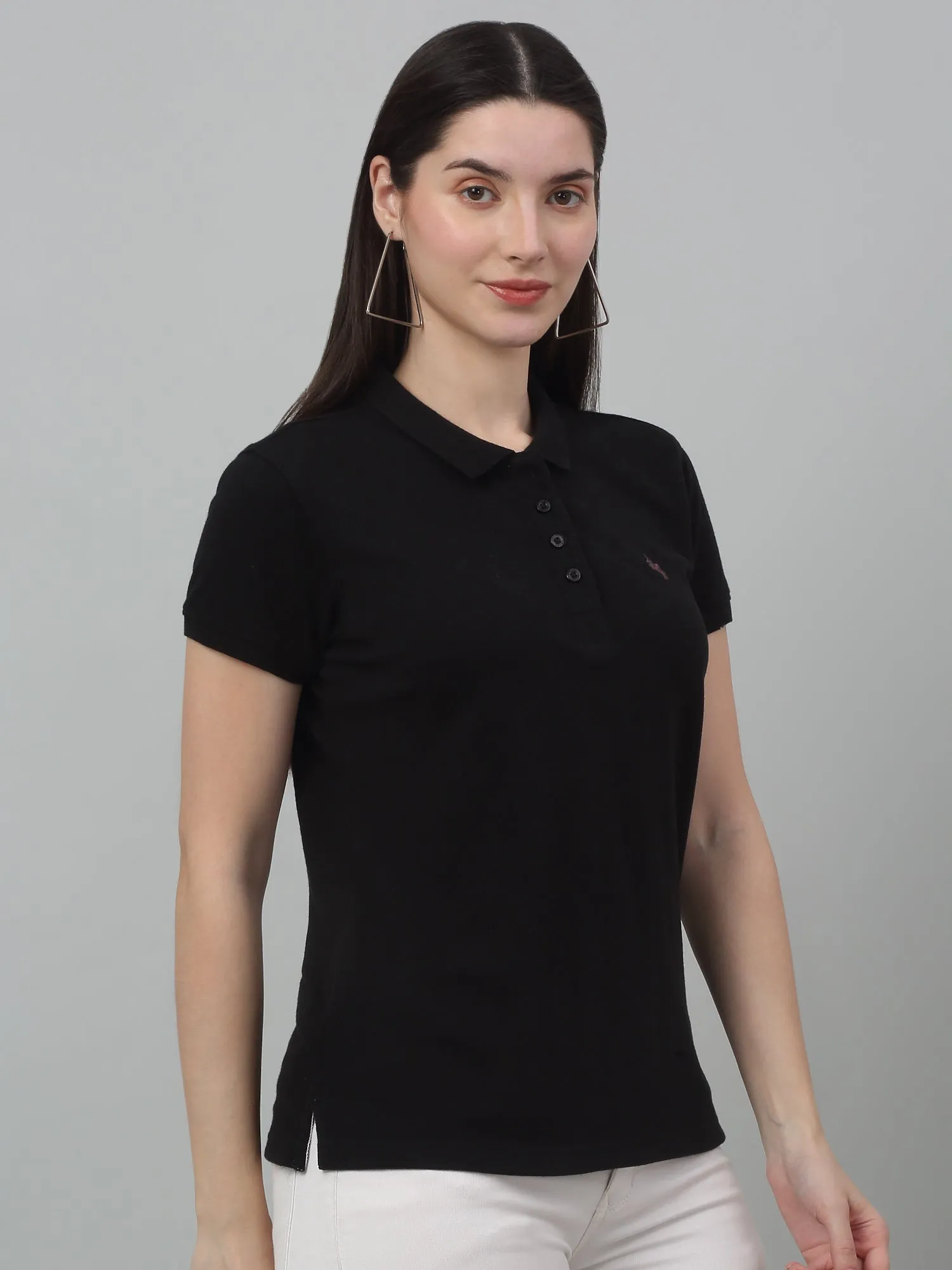 Women's Casual Regular Short Sleeve Black Polo neck  T-Shirt