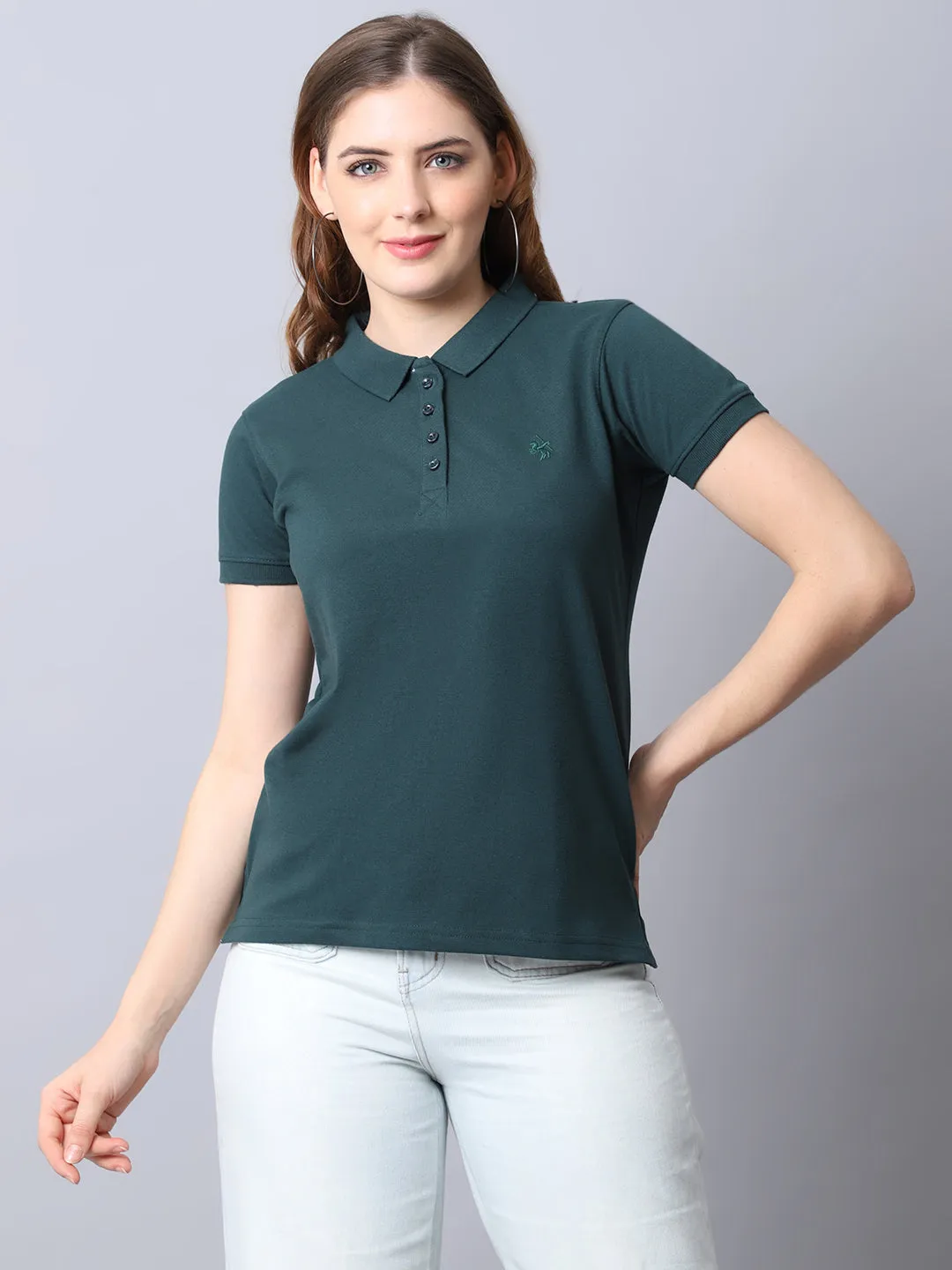 Women's Casual Regular Short Sleeve Bottle Green Polo neck  T-Shirt