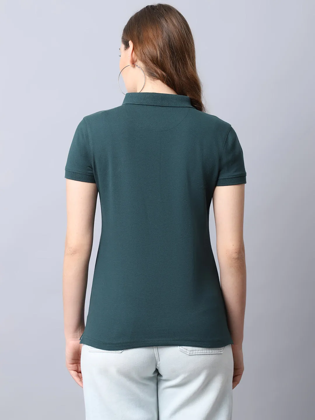 Women's Casual Regular Short Sleeve Bottle Green Polo neck  T-Shirt