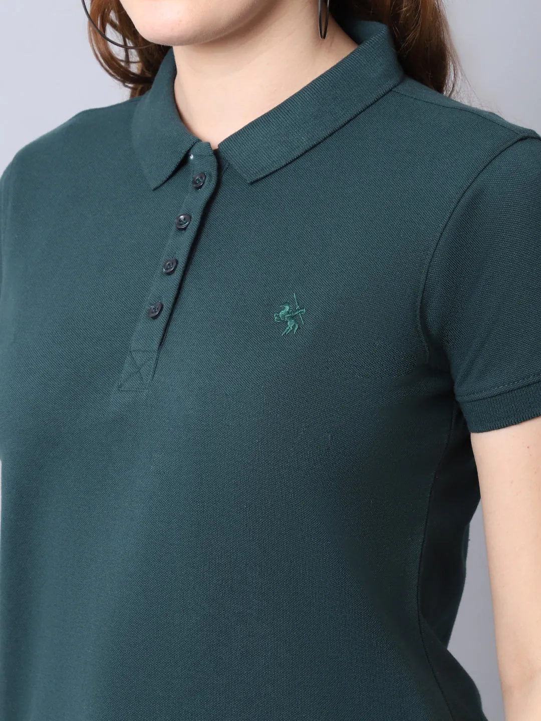 Women's Casual Regular Short Sleeve Bottle Green Polo neck  T-Shirt