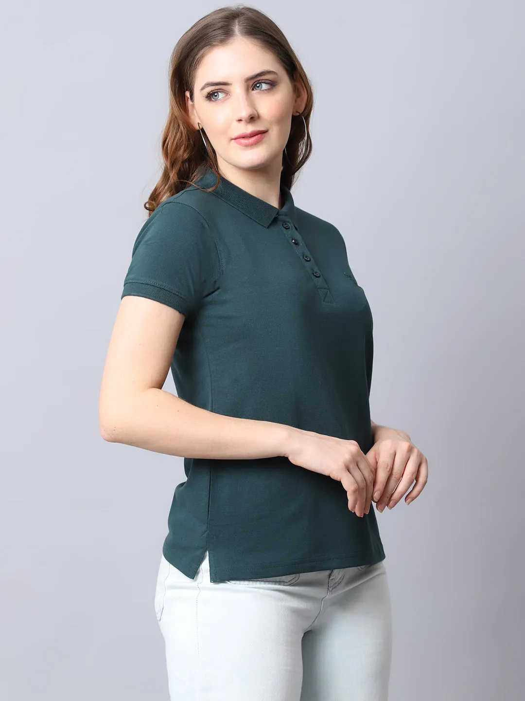 Women's Casual Regular Short Sleeve Bottle Green Polo neck  T-Shirt