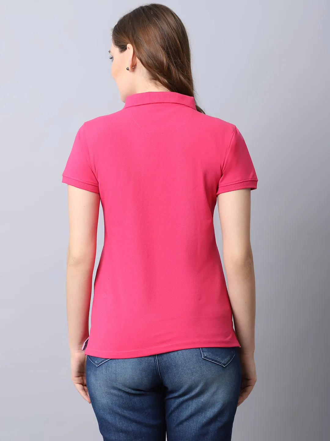 Women's Casual Regular Short Sleeve Dark Pink Polo neck  T-Shirt