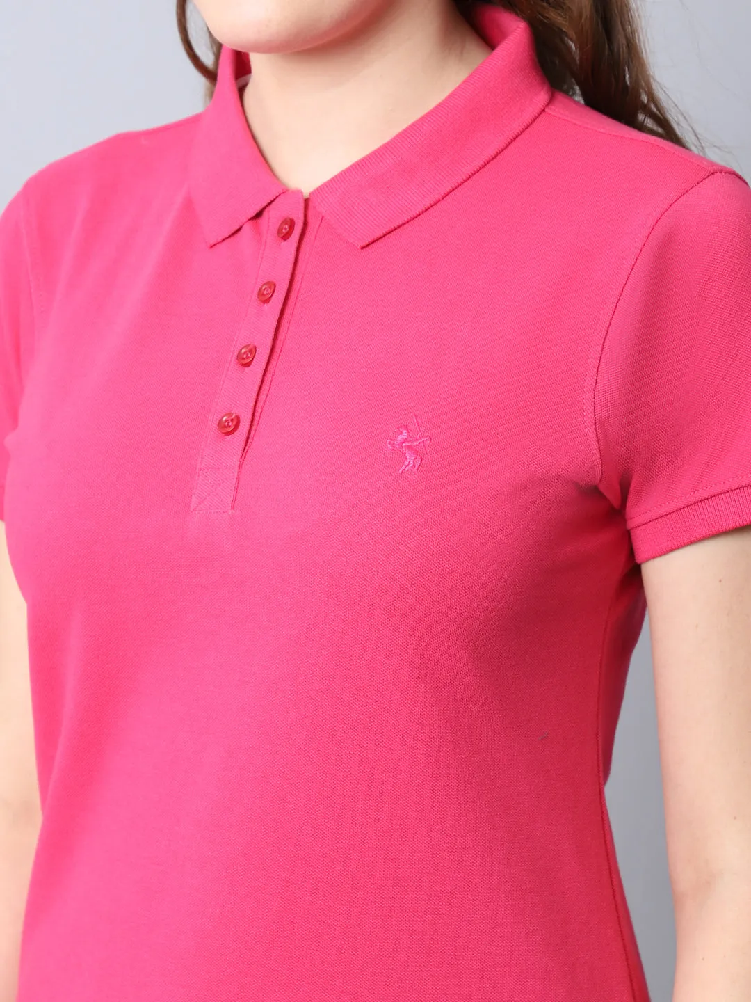 Women's Casual Regular Short Sleeve Dark Pink Polo neck  T-Shirt