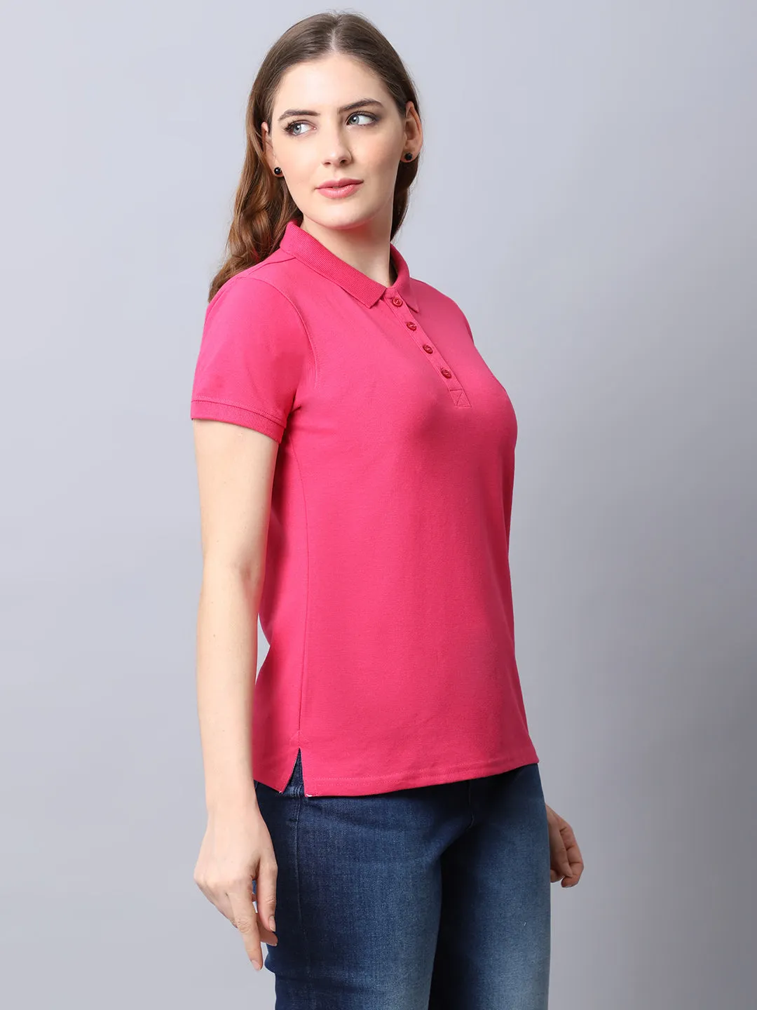 Women's Casual Regular Short Sleeve Dark Pink Polo neck  T-Shirt