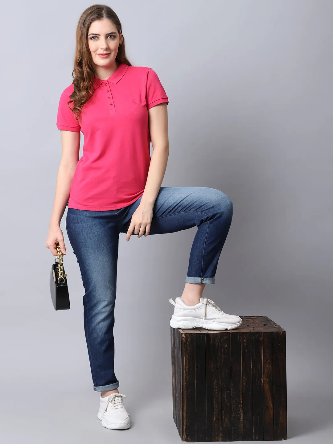 Women's Casual Regular Short Sleeve Dark Pink Polo neck  T-Shirt