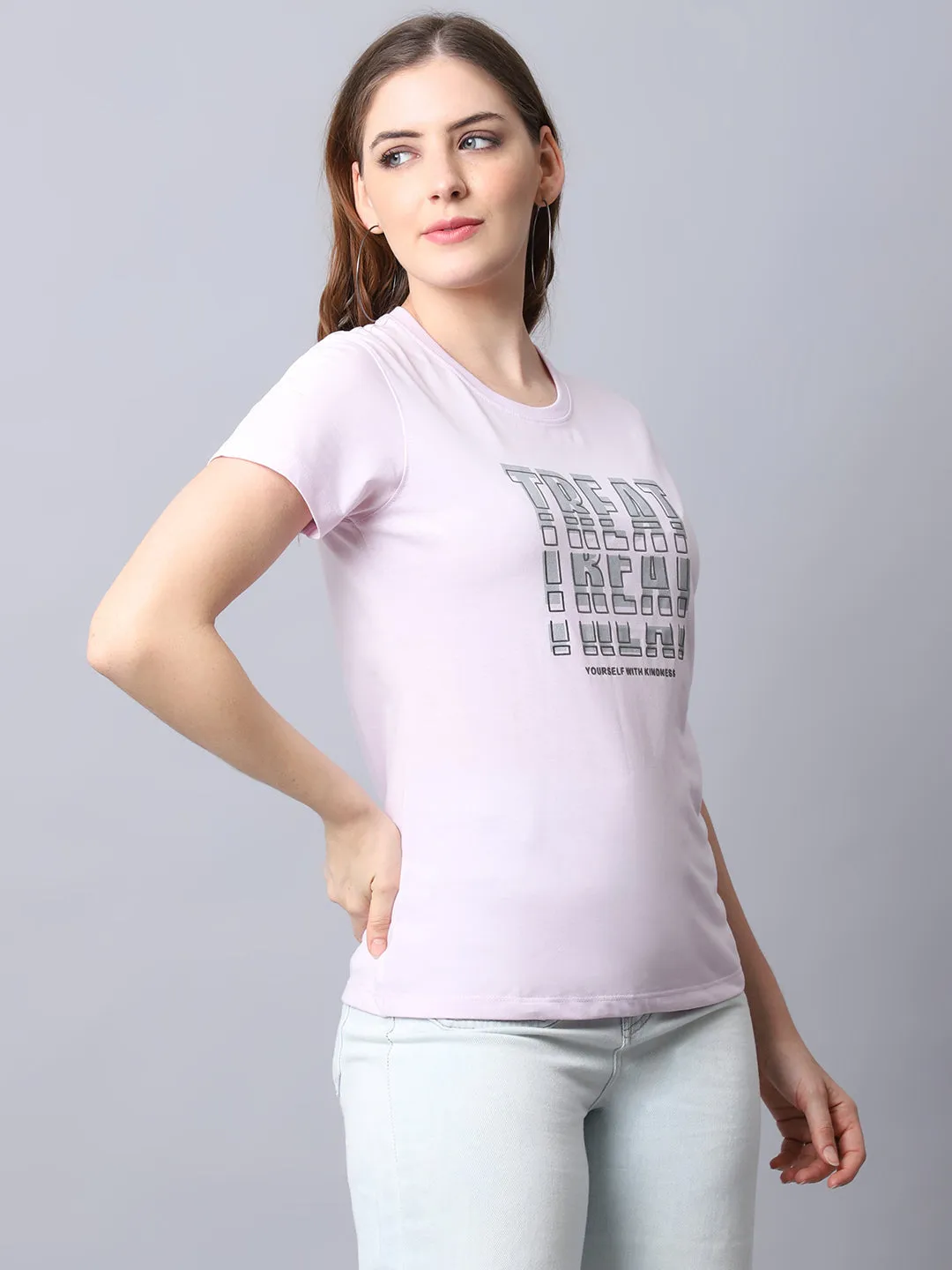 Women's Casual Regular Short Sleeve Mauve Round neck Typographic Print T-Shirt