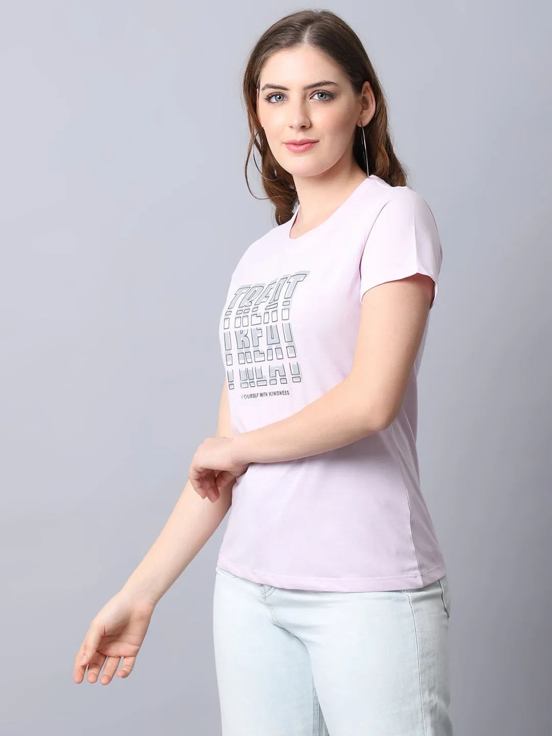 Women's Casual Regular Short Sleeve Mauve Round neck Typographic Print T-Shirt