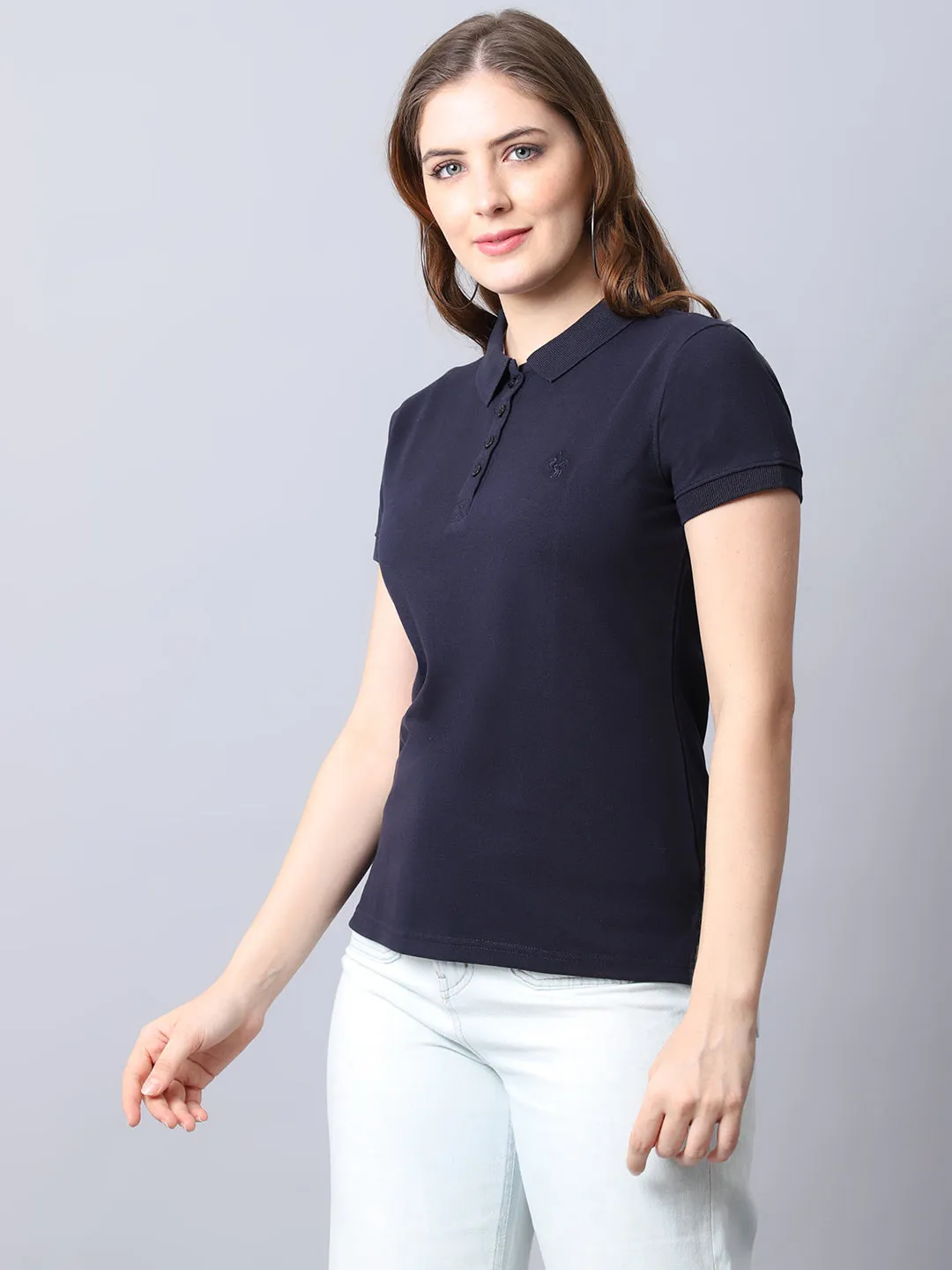 Women's Casual Regular Short Sleeve Navy Blue Polo neck  T-Shirt