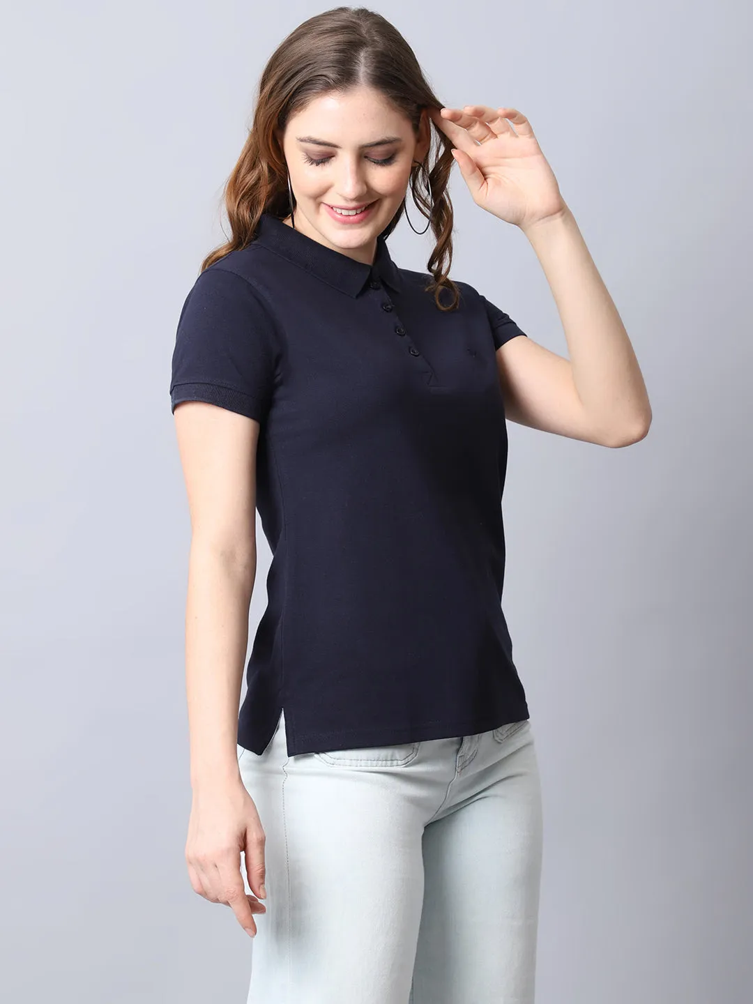 Women's Casual Regular Short Sleeve Navy Blue Polo neck  T-Shirt