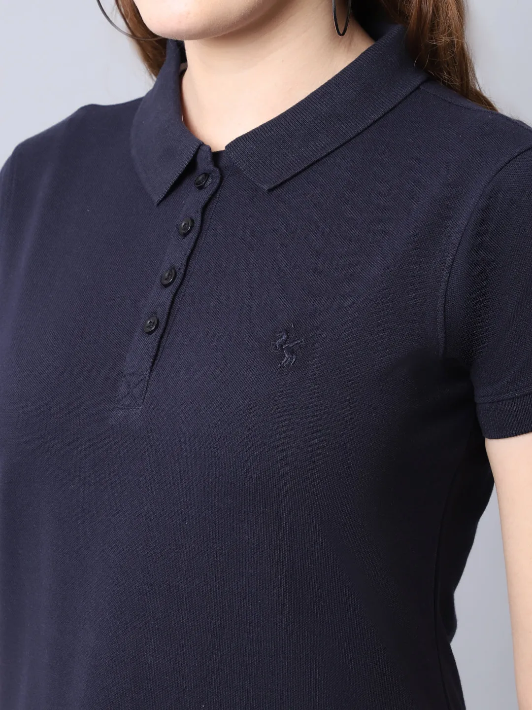 Women's Casual Regular Short Sleeve Navy Blue Polo neck  T-Shirt