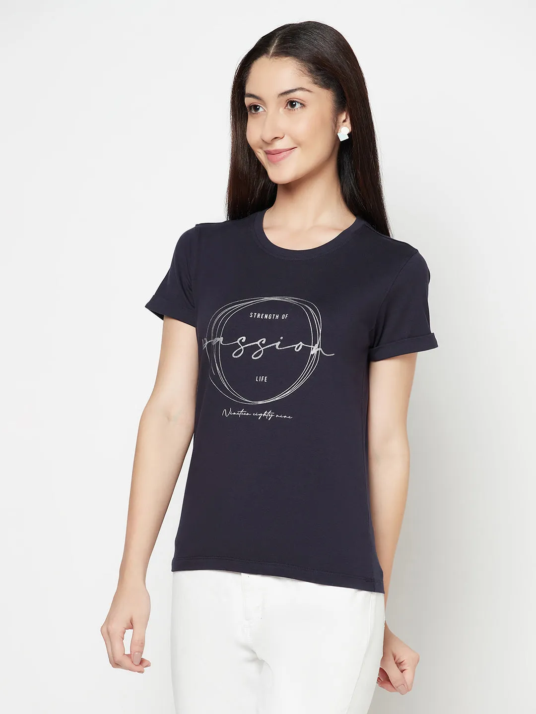 Women's Casual Regular Short Sleeve Navy Blue Round neck Graphic Print T-Shirt