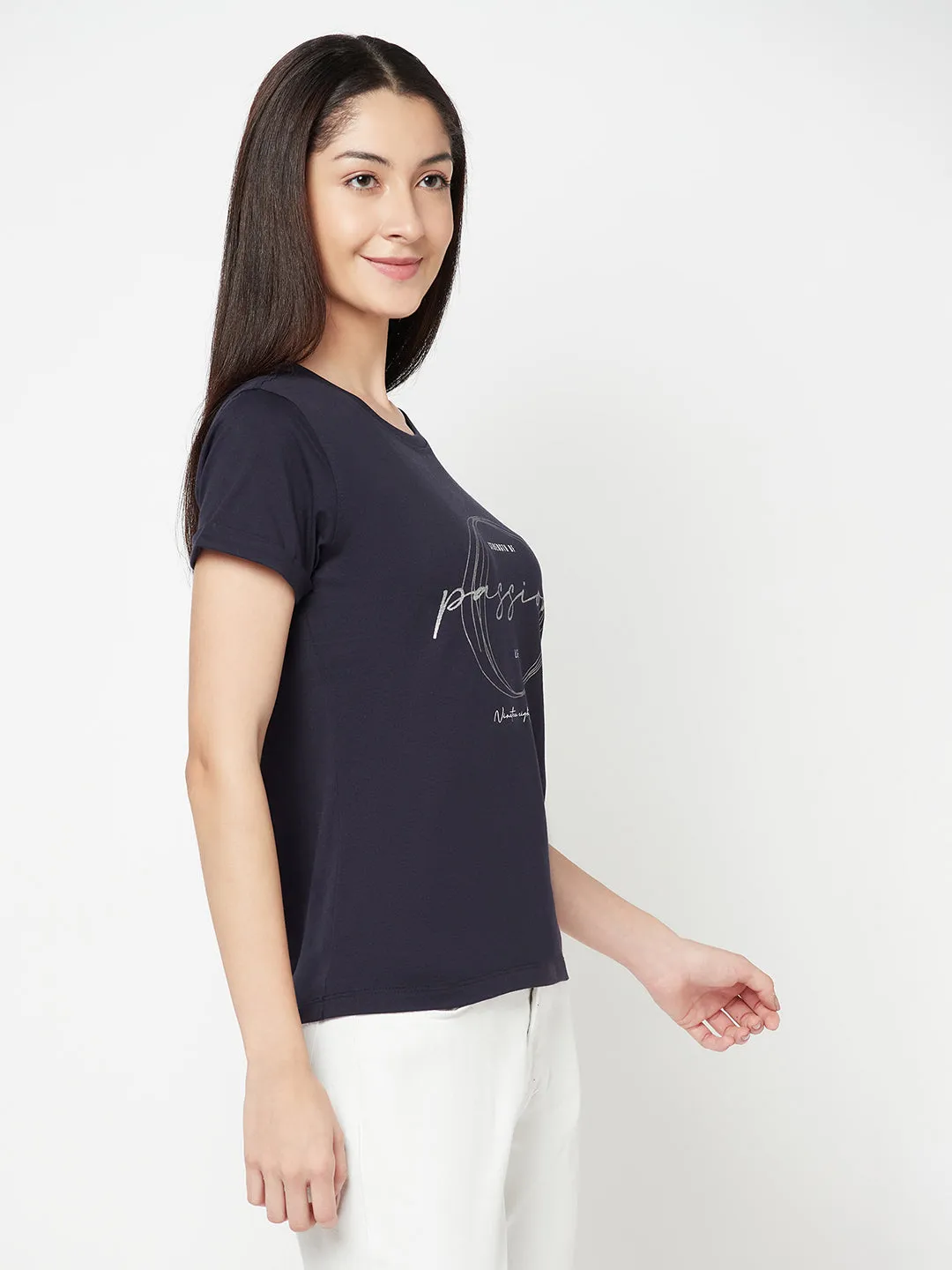 Women's Casual Regular Short Sleeve Navy Blue Round neck Graphic Print T-Shirt