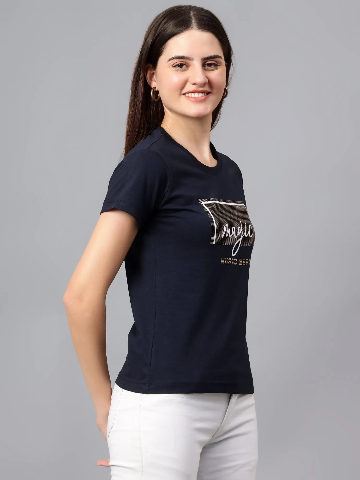 Women's Casual Regular Short Sleeve Navy Blue Round neck Hi-density Print T-Shirt