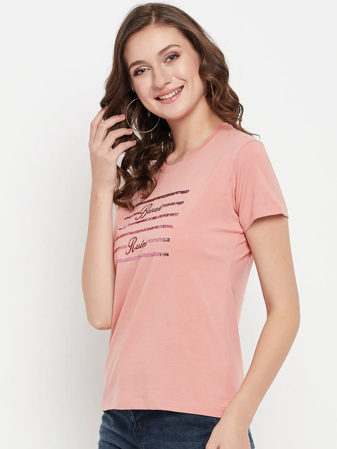 Women's Casual Regular Short Sleeve Peach Round neck Embroidery & Sequin Work T-Shirt