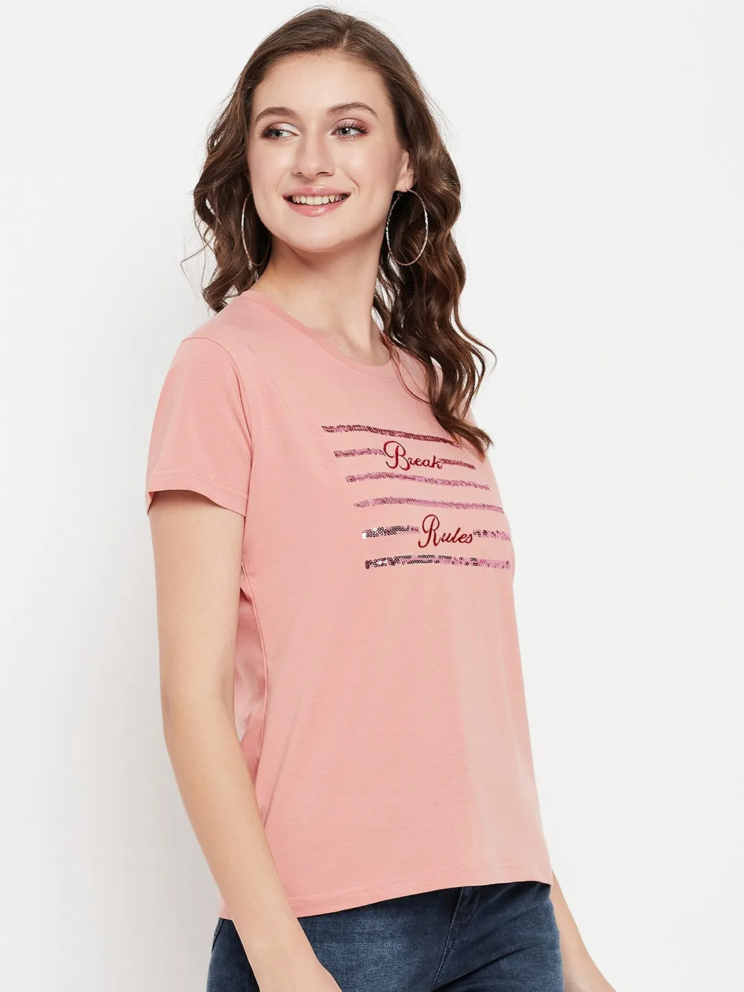 Women's Casual Regular Short Sleeve Peach Round neck Embroidery & Sequin Work T-Shirt