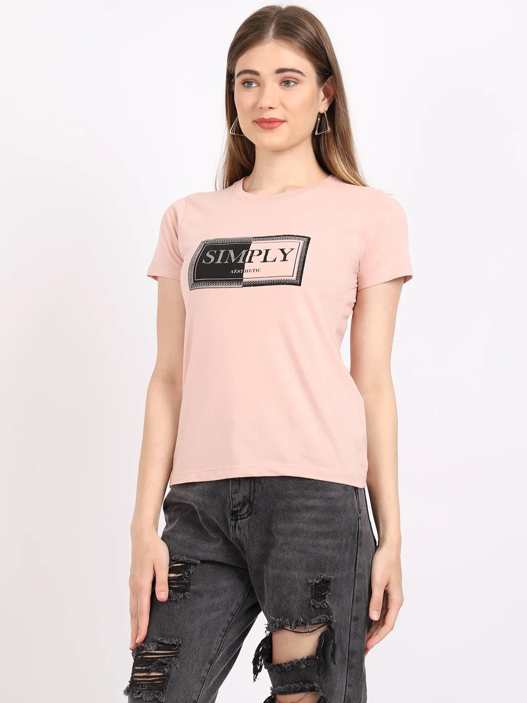 Women's Casual Regular Short Sleeve Peach Round neck Typographic Print T-Shirt