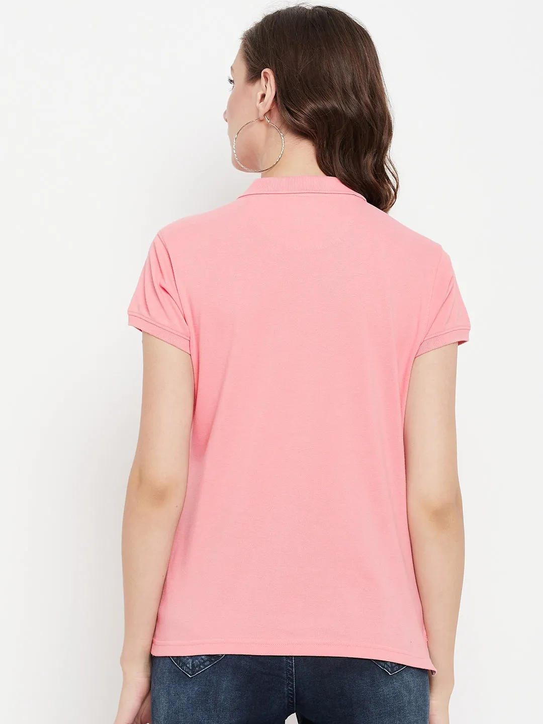 Women's Casual Regular Short Sleeve Pink Polo neck  T-Shirt