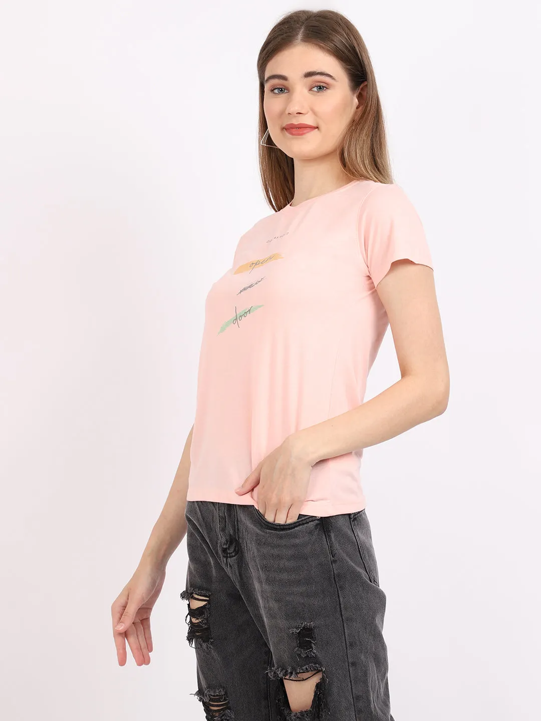 Women's Casual Regular Short Sleeve Pink Round neck Typographic Print T-Shirt