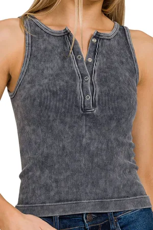 Zenana Summer Fun Ash Black Washed Button-Up Ribbed Tank